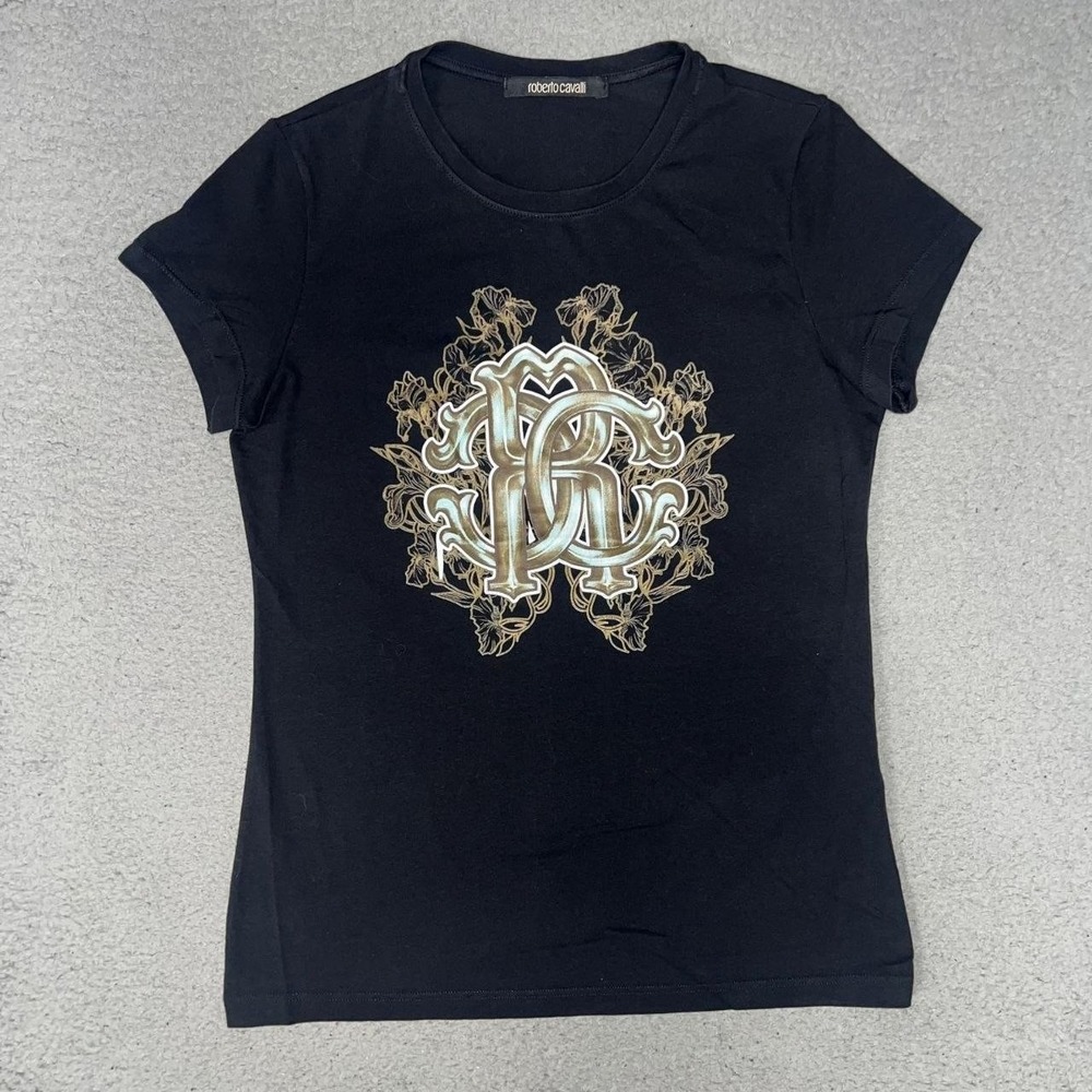VTG Roberto Cavalli T Shirt Womens Sz M Black RC Monogram Top Tee Made Italy Y2k